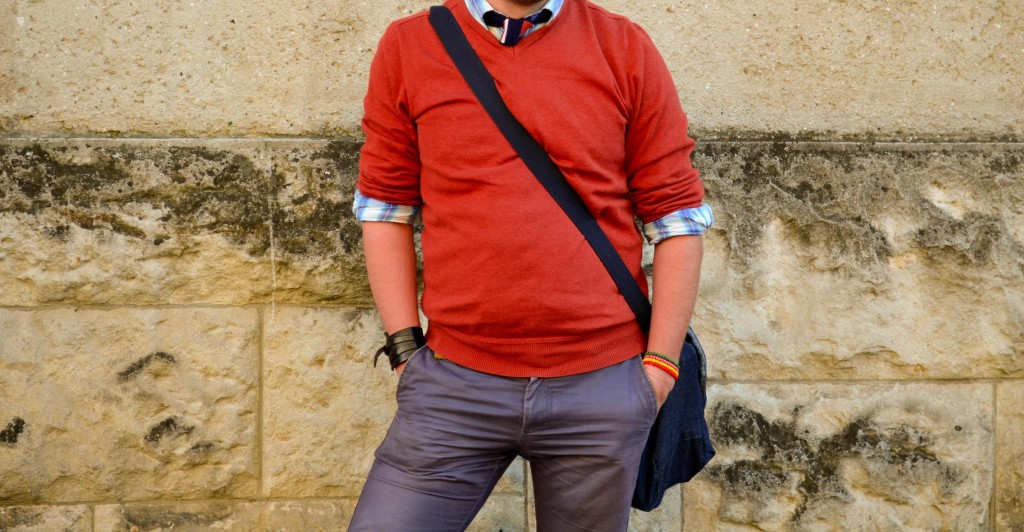 Pulover V, Portocaliu, Bratara Colorata,Curea Piele